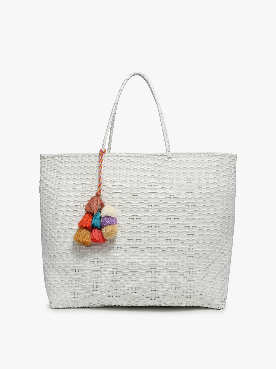 M2069 Allie XL Woven Tote w/ Pom-Poms