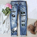 Women’s Game Day Ripped Straight Leg Jeans Casual Streetwear