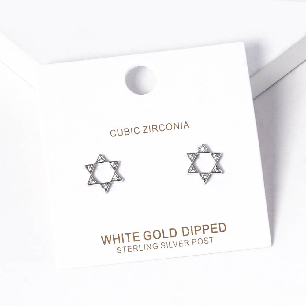 Gold Dipped CZ Stone Pointed Star Of David Stud Earrings