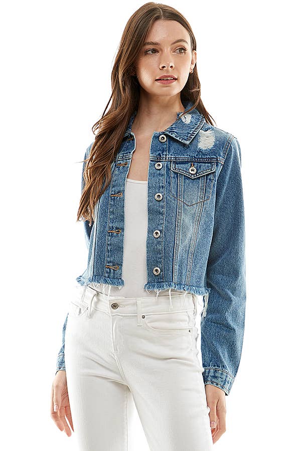Ladies'  Cropcut Denim Jacket with Distressed, JK-4010