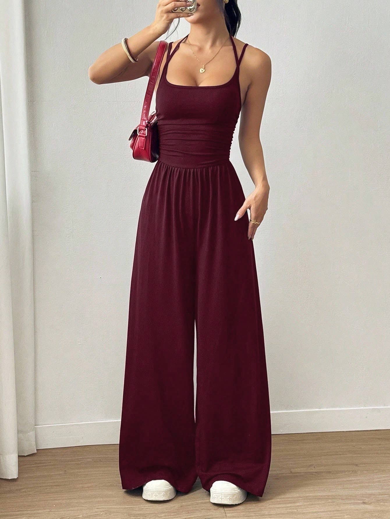 Casual wrap chest wide leg loose jumpsuit