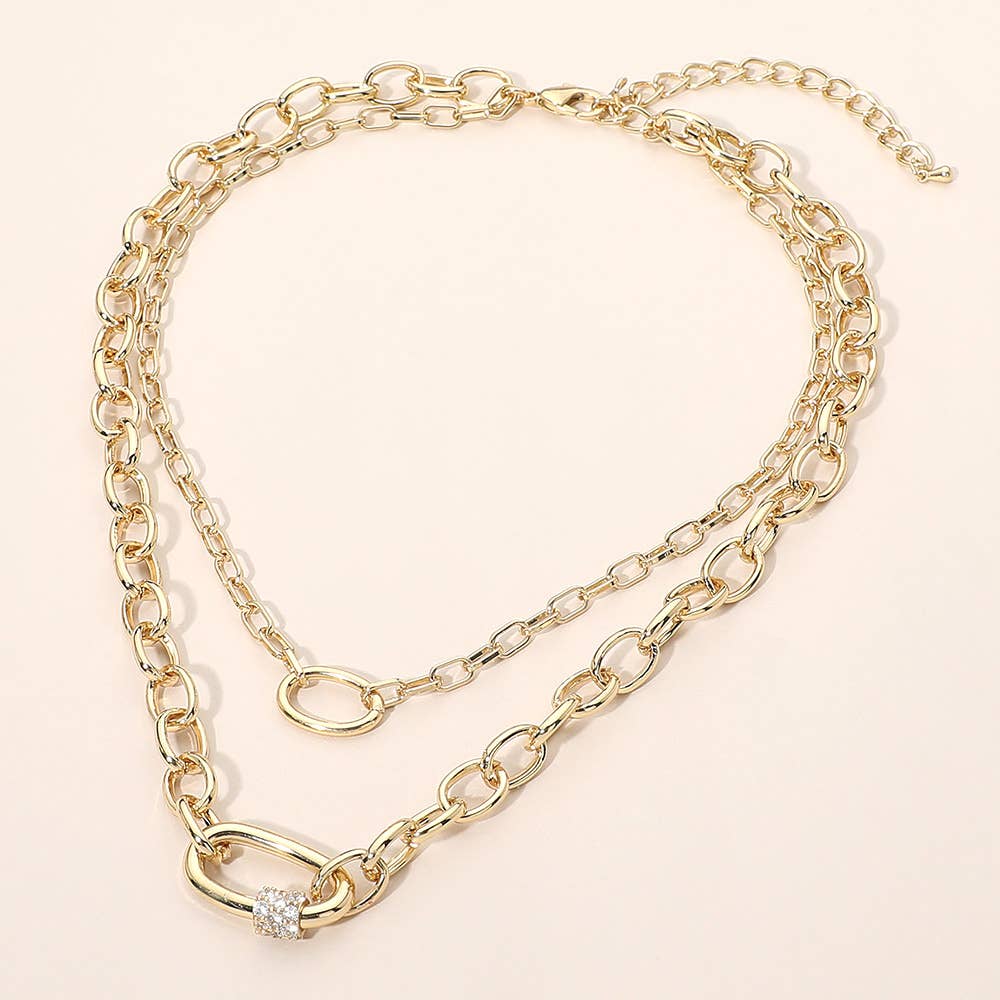 CZ Pave Carabiner Pendant Accent Chunky Layered Chain Necklace