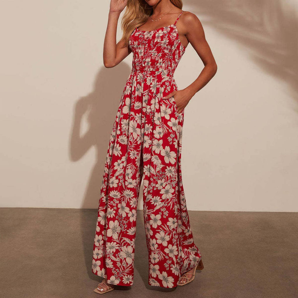 High-waisted floral print with straps jumpsuit
