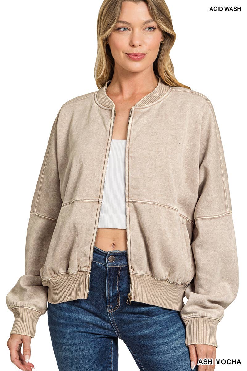 Washed Fleece Bomber Jacket Zenana