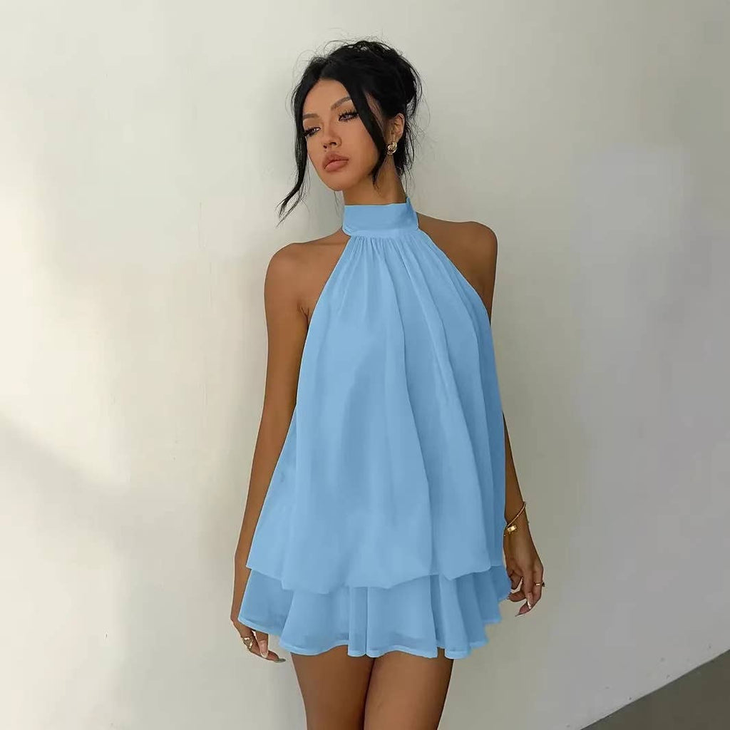 Sexy backless neck-baring puff-sleeved dress