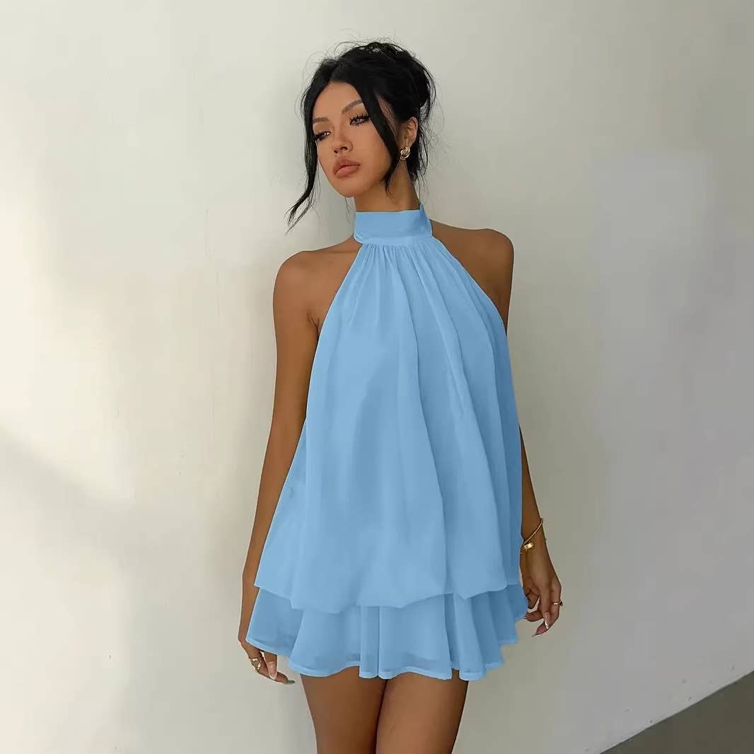 Sexy backless neck-baring puff-sleeved dress