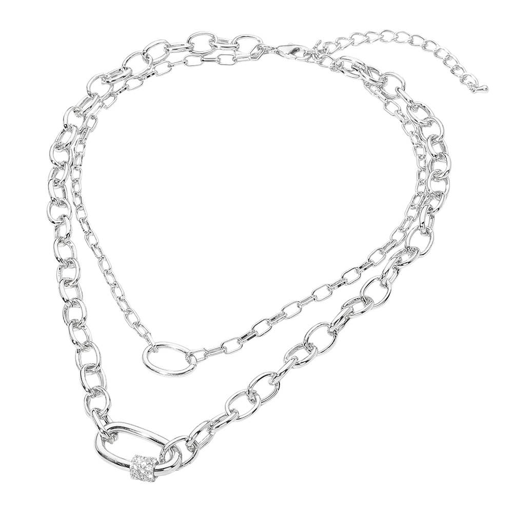 CZ Pave Carabiner Pendant Accent Chunky Layered Chain Necklace