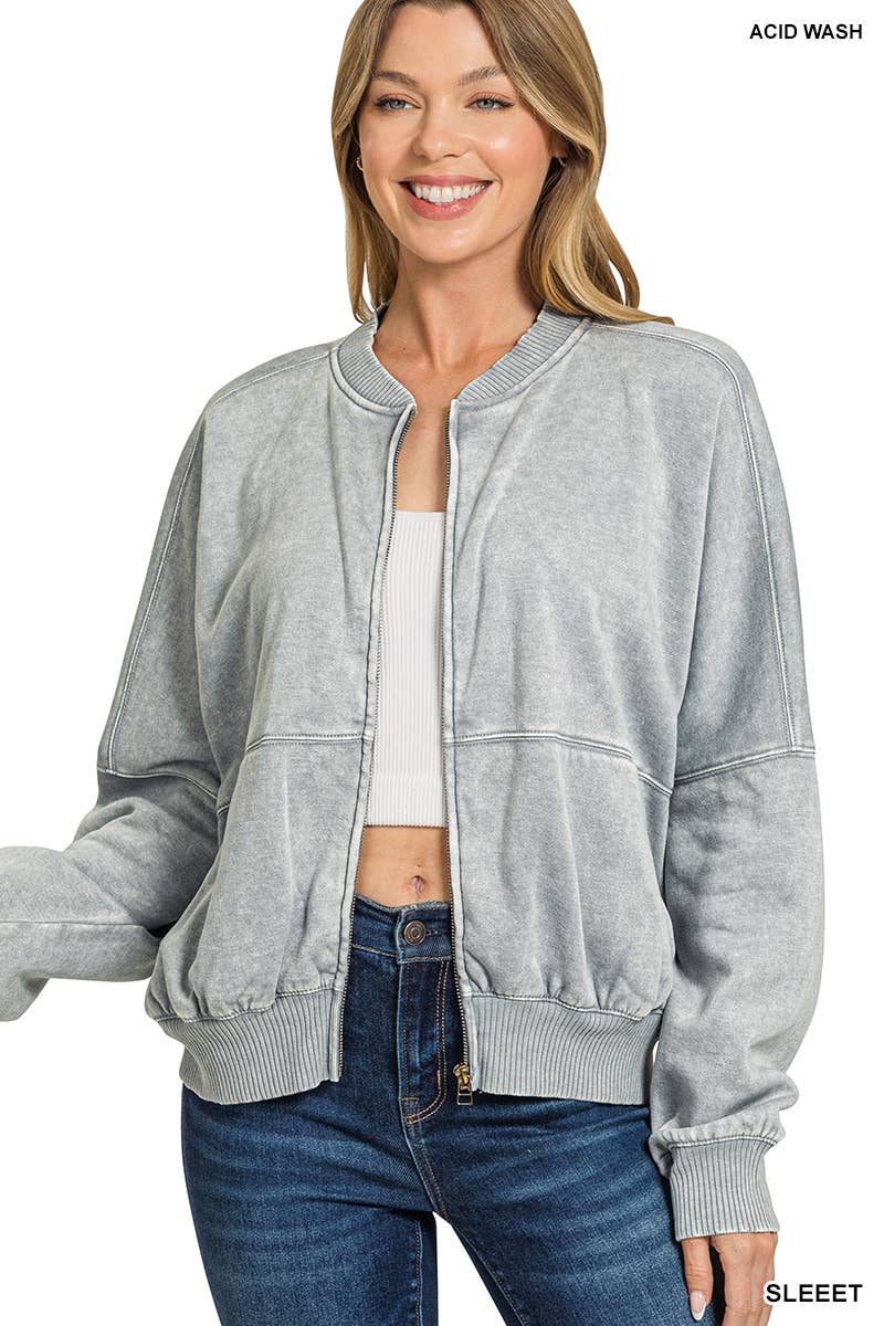 Washed Fleece Bomber Jacket Zenana