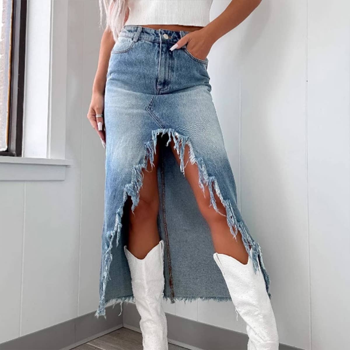 HIGH WAIST IRREGULAR TO MAKE OLD WASHED SKIRT
