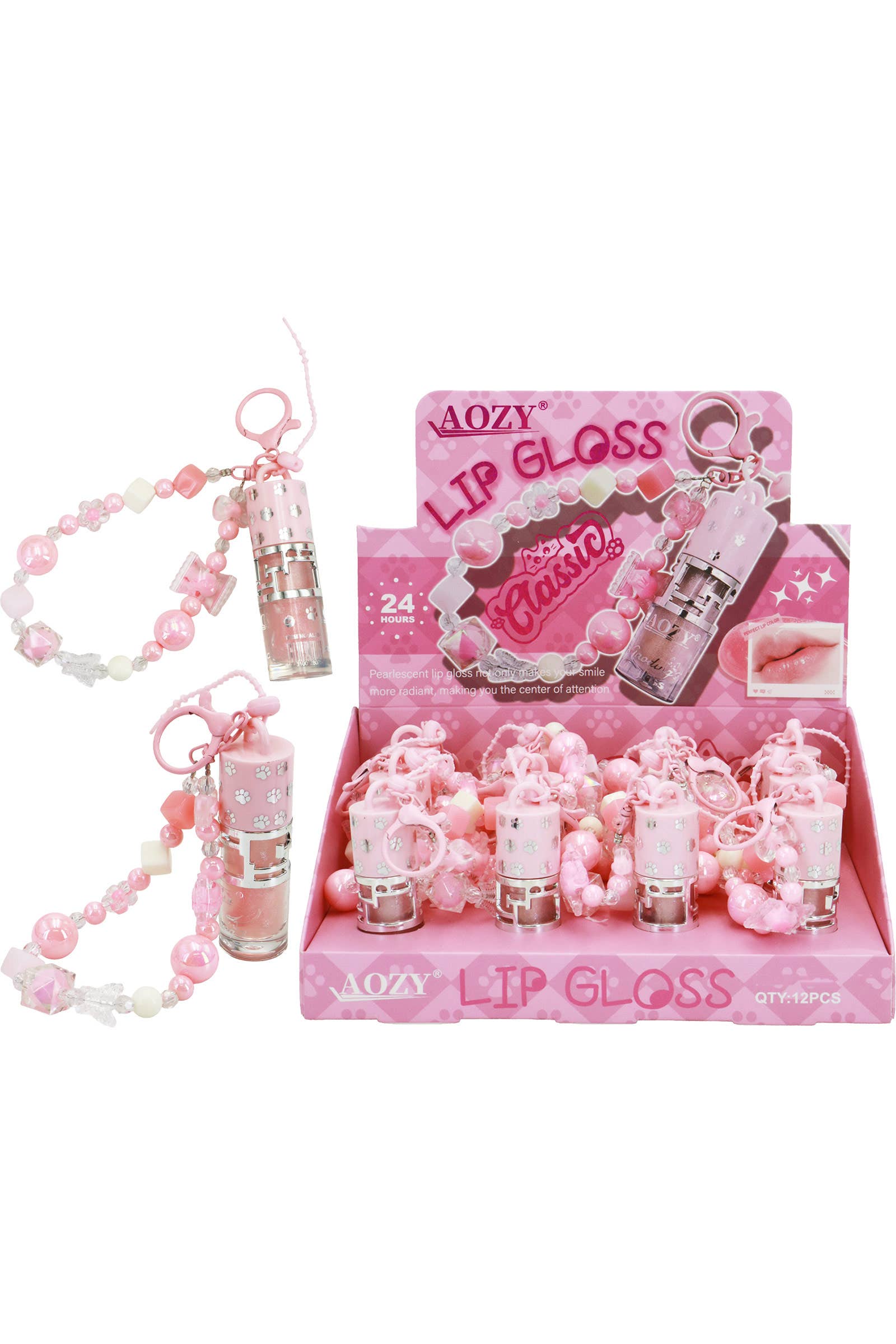 Shimmery Lip Gloss Chunky Beaded Lanyard Keychain - 12 Pcs