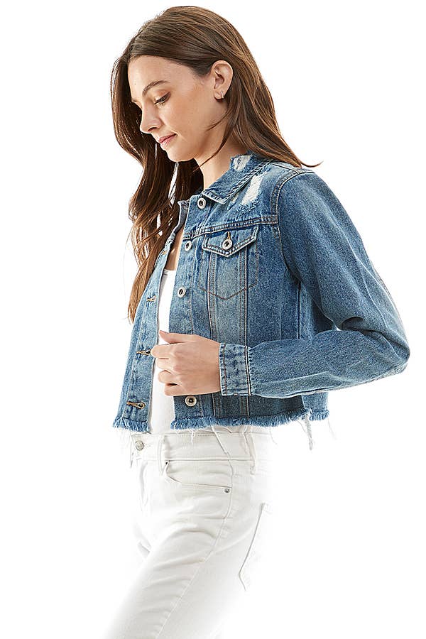 Ladies'  Cropcut Denim Jacket with Distressed, JK-4010