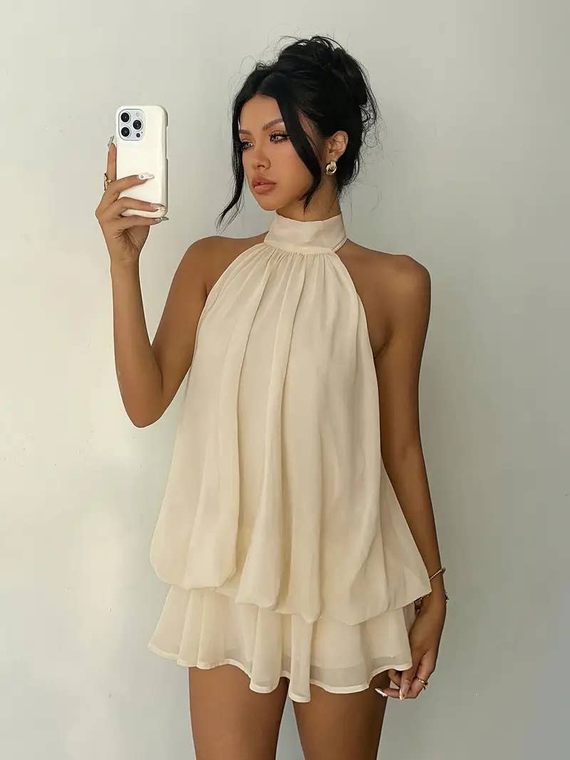 Sexy backless neck-baring puff-sleeved dress