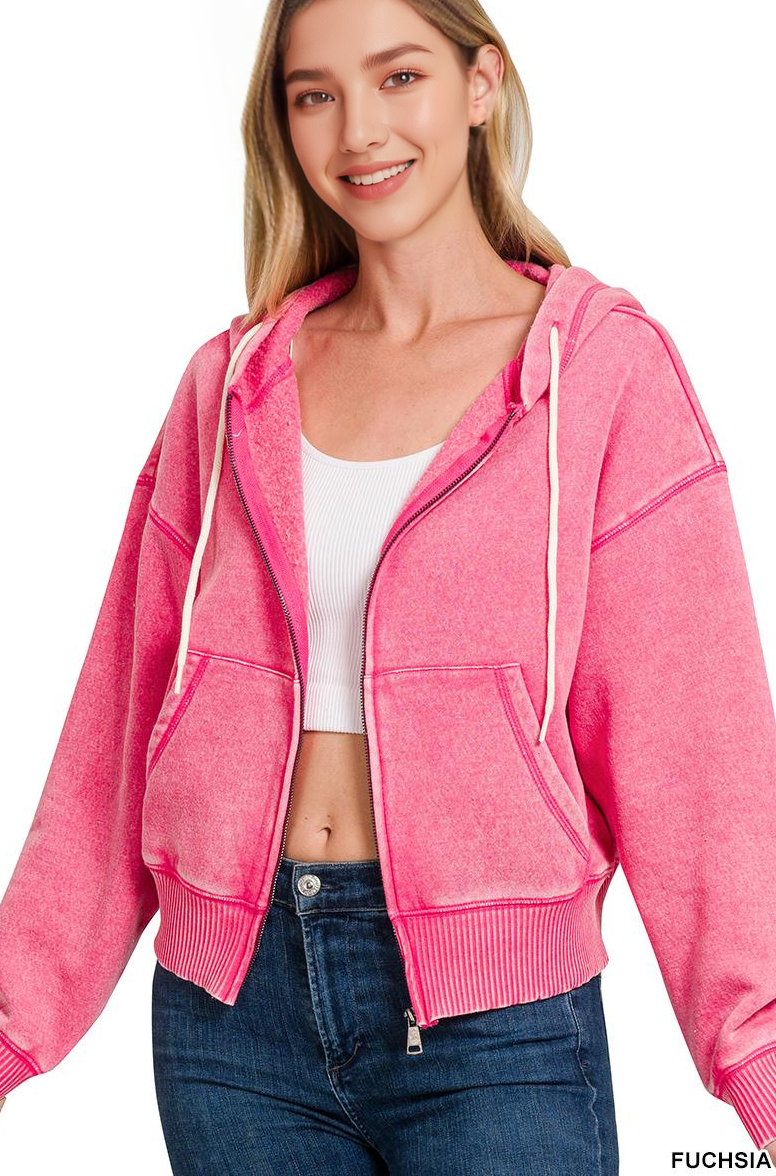 Acid Wash Fleece Cropped Zip Up Hoodie - Zenana