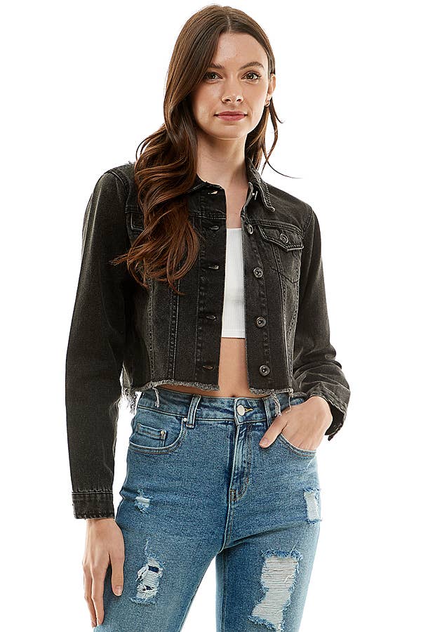 Ladies'  Cropcut Denim Jacket with Distressed, JK-4010