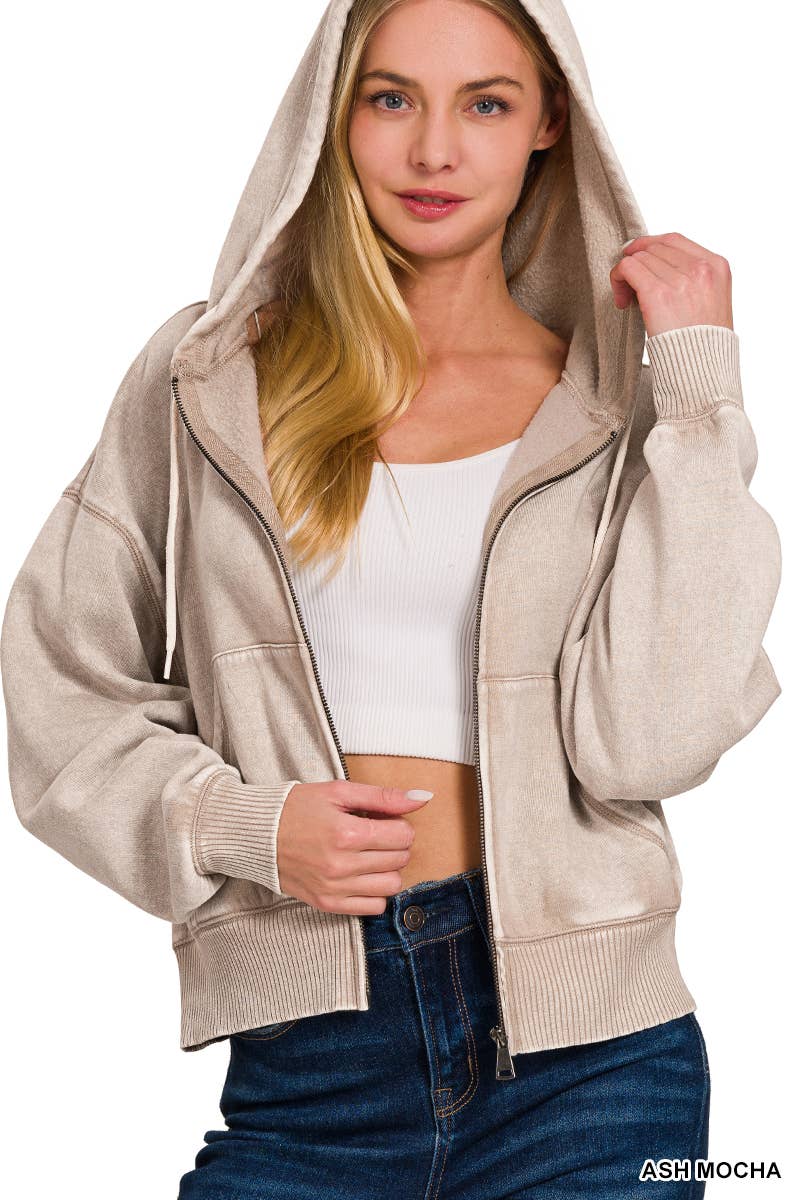 `Acid Wash Fleece Cropped Zip Up Hoodie - Zenana