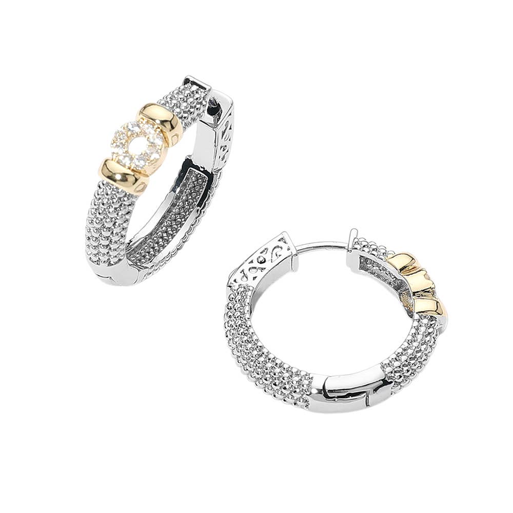 14K Gold Plated Two Tone CZ Pave Huggie Hoop Earrings