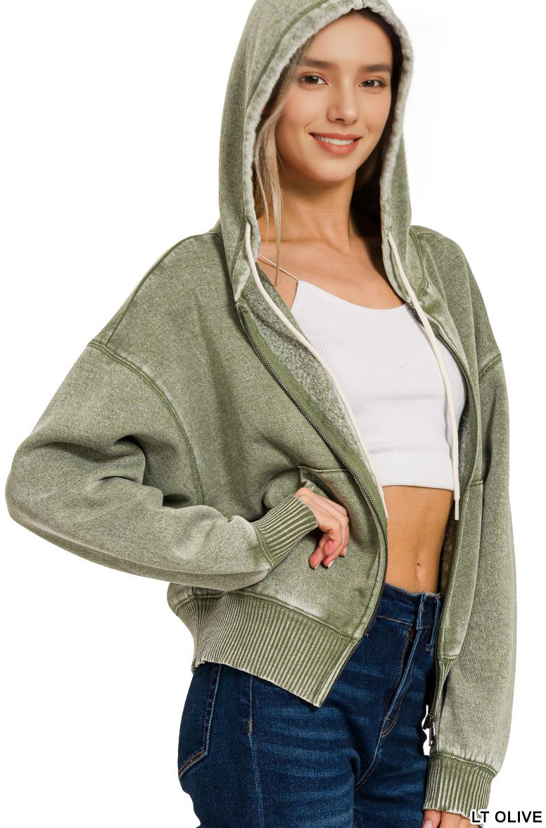 Acid Wash Fleece Cropped Zip Up Hoodie - Zenana