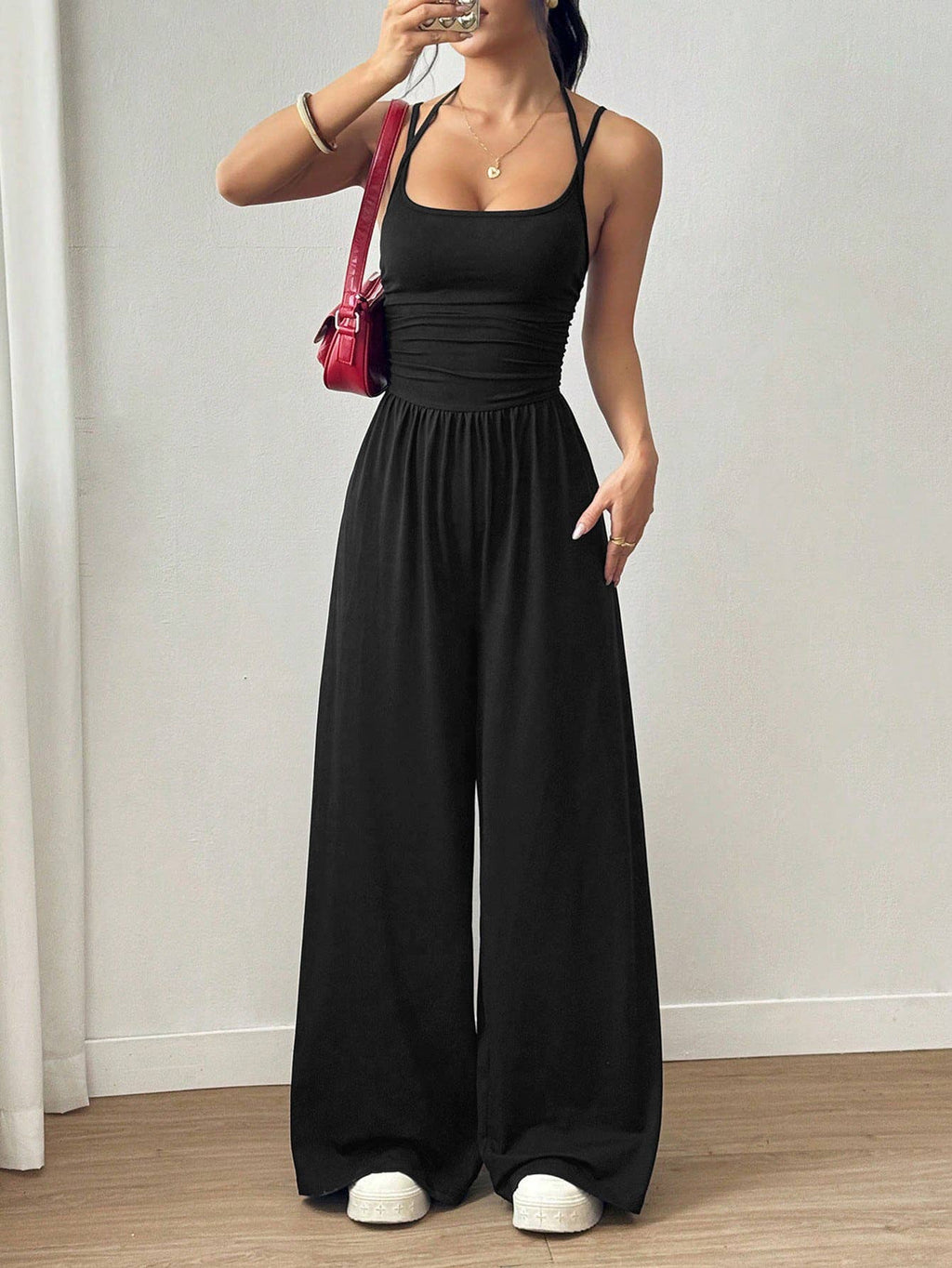 Casual wrap chest wide leg loose jumpsuit