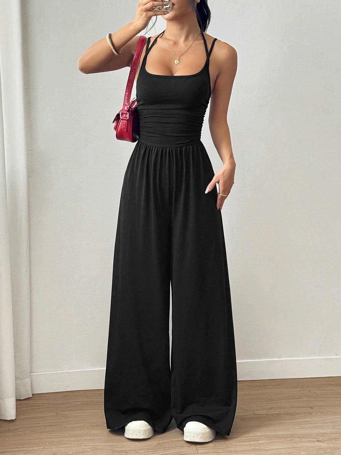 Casual wrap chest wide leg loose jumpsuit