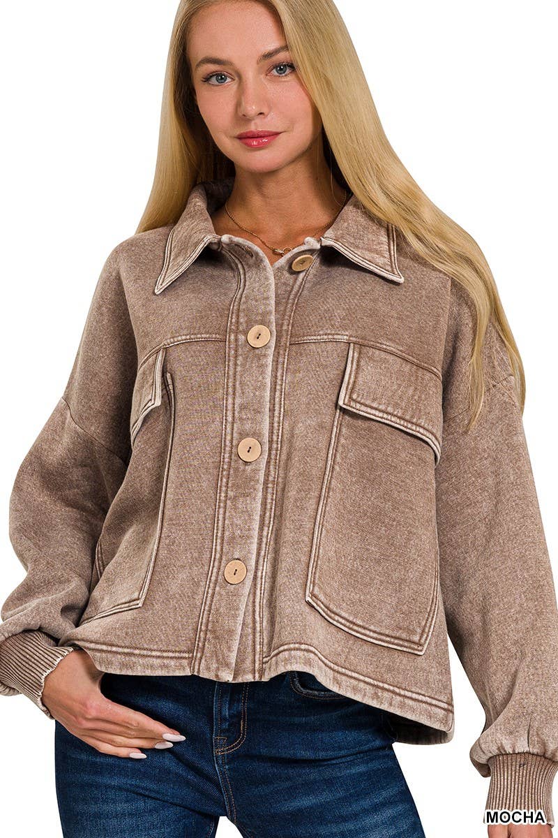 Acid Washed Fleece Front Pocket Cropped Shacket