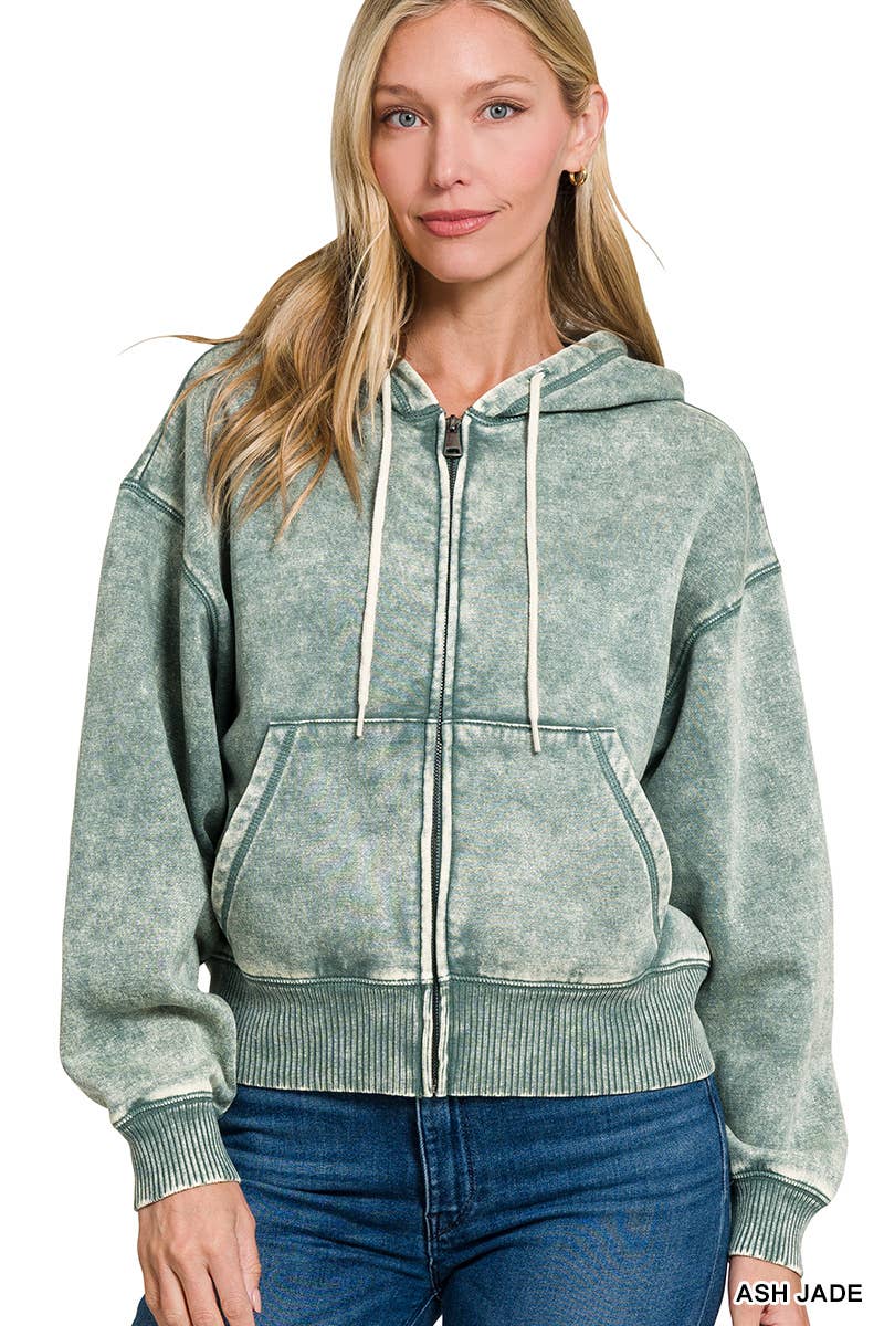 `Acid Wash Fleece Cropped Zip Up Hoodie - Zenana