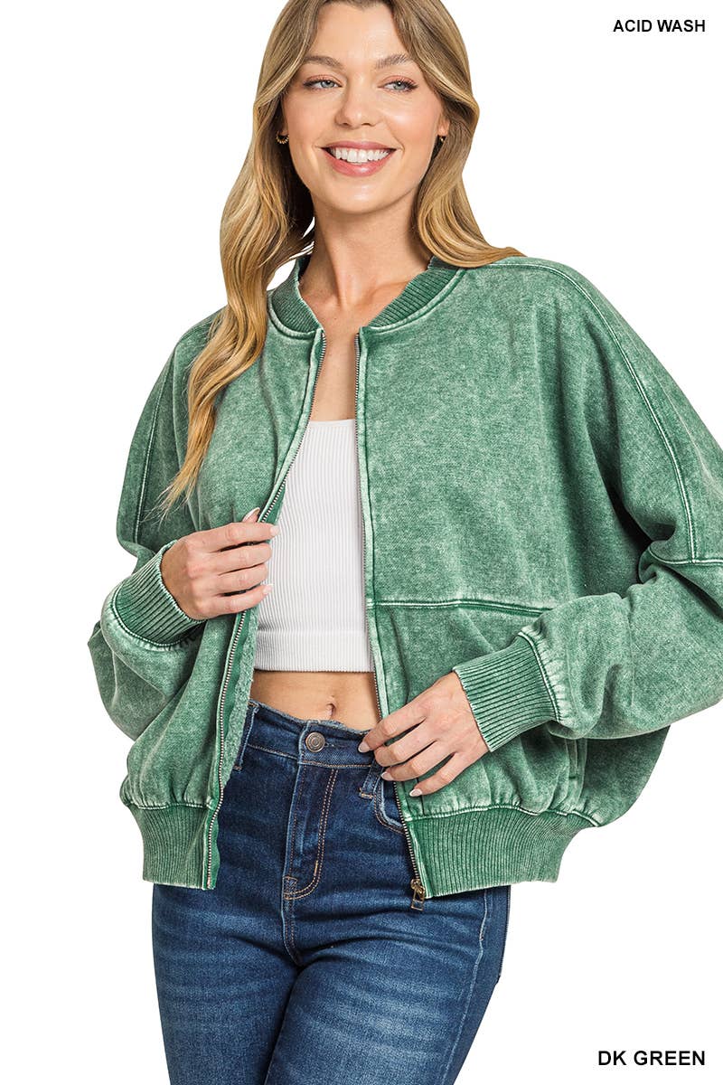 Washed Fleece Bomber Jacket Zenana