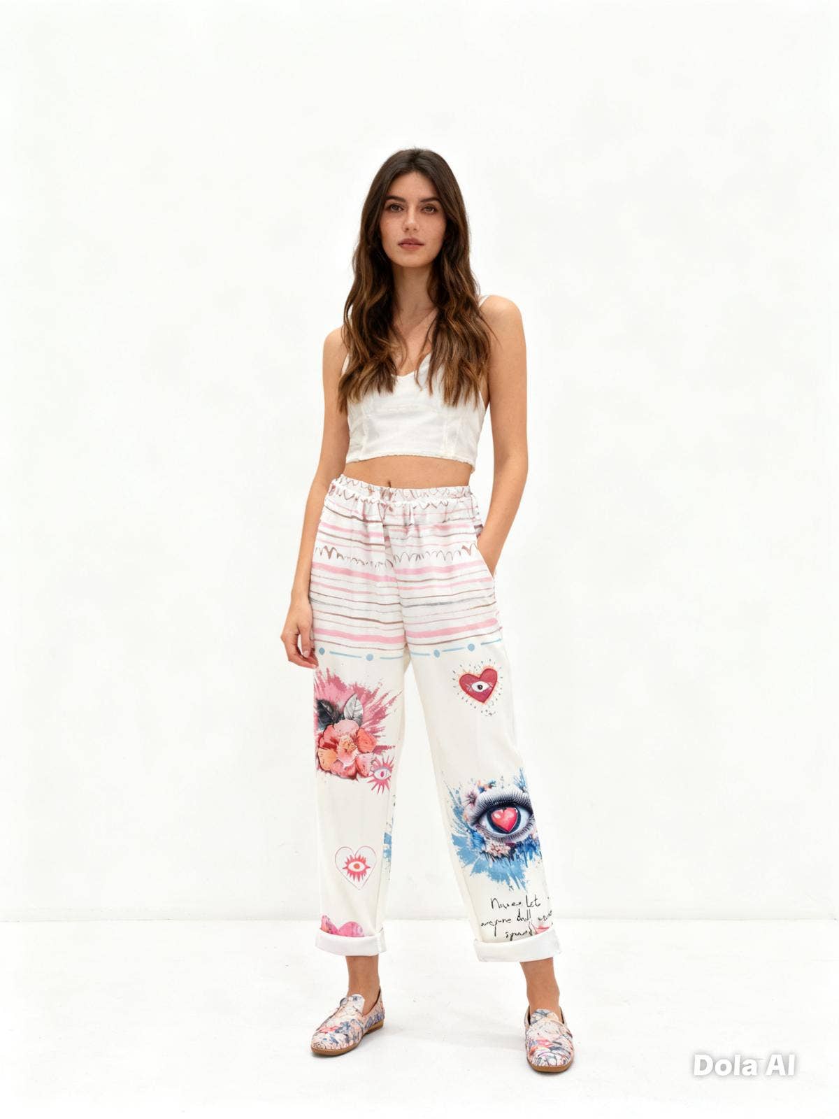 VISRPWHEHF Italian OS White Eye Heart Floral Print Pants