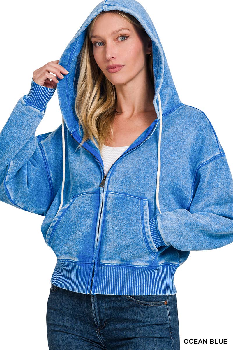 `Acid Wash Fleece Cropped Zip Up Hoodie - Zenana