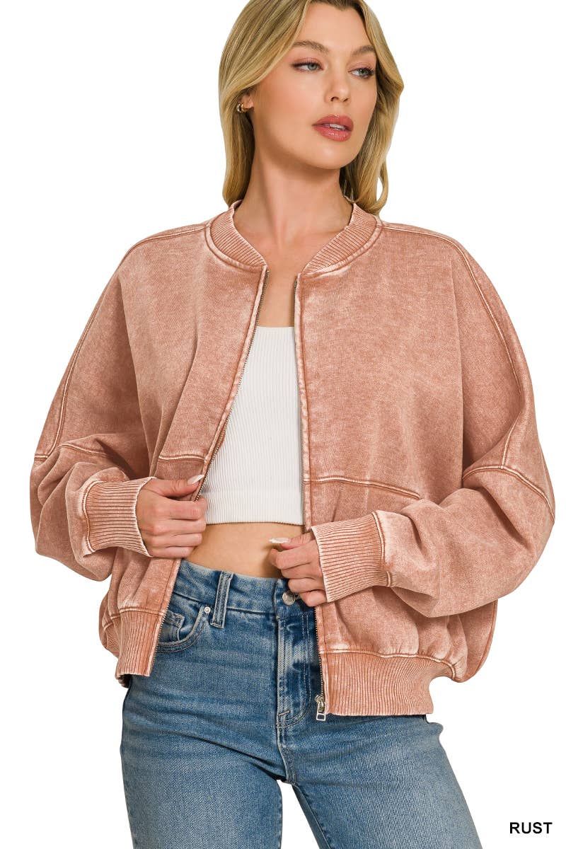 Washed Fleece Bomber Jacket Zenana