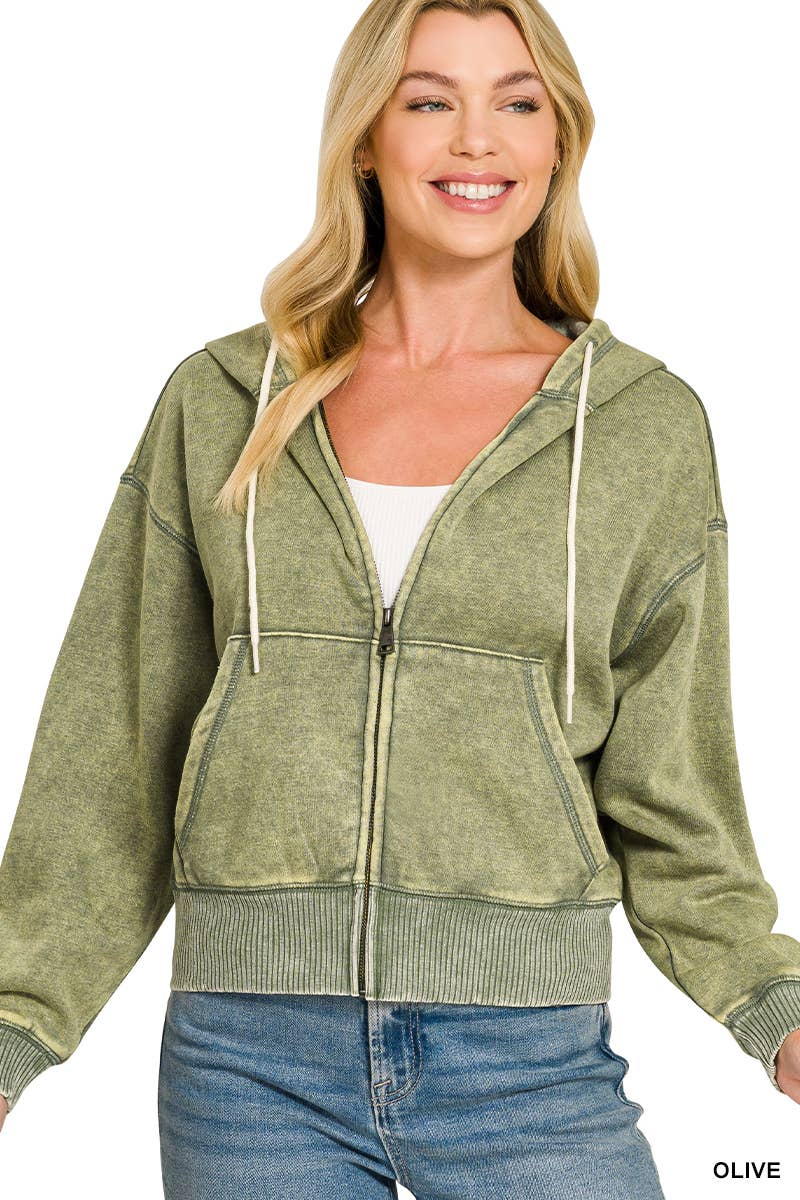 Acid Wash Fleece Cropped Zip Up Hoodie - Zenana