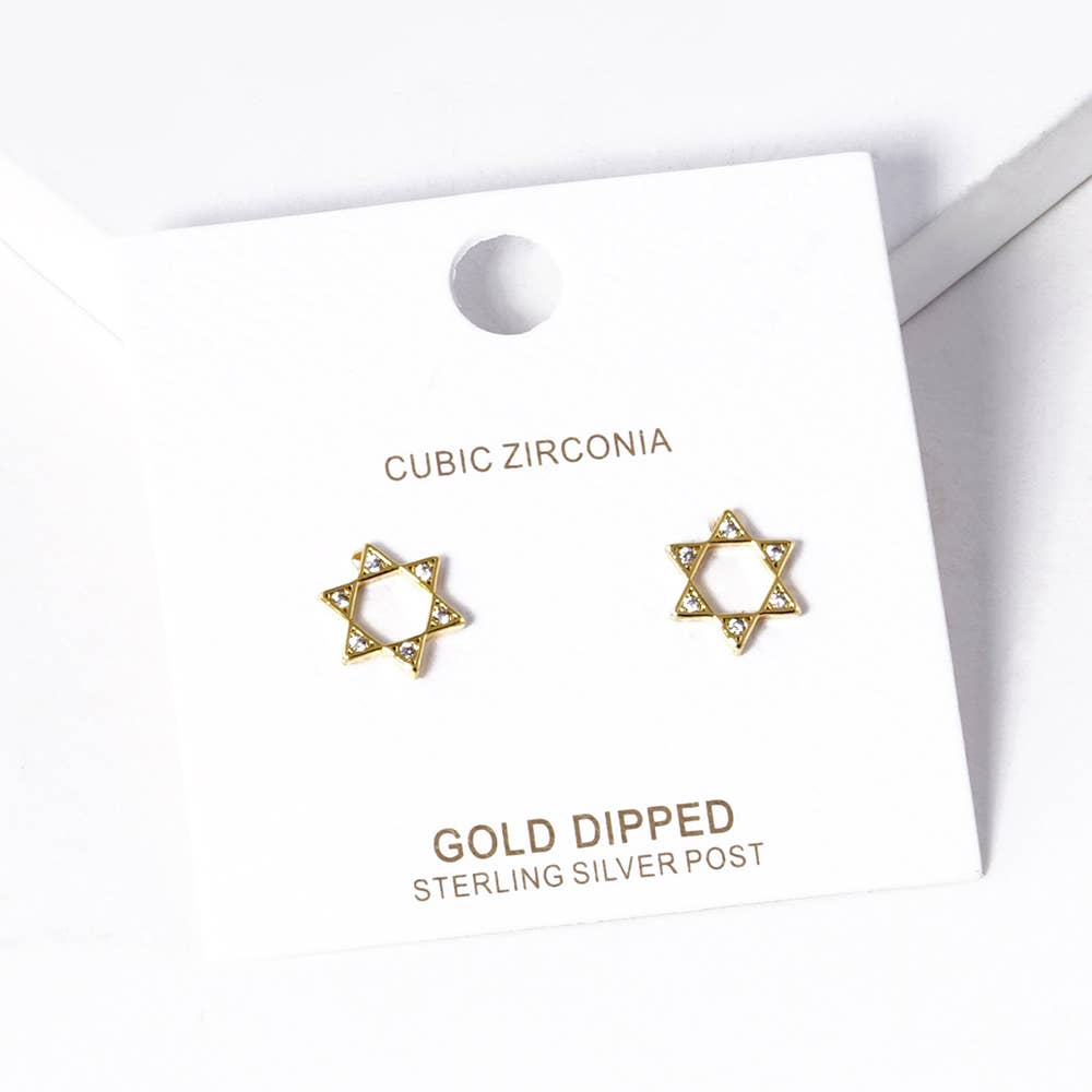 Gold Dipped CZ Stone Pointed Star Of David Stud Earrings